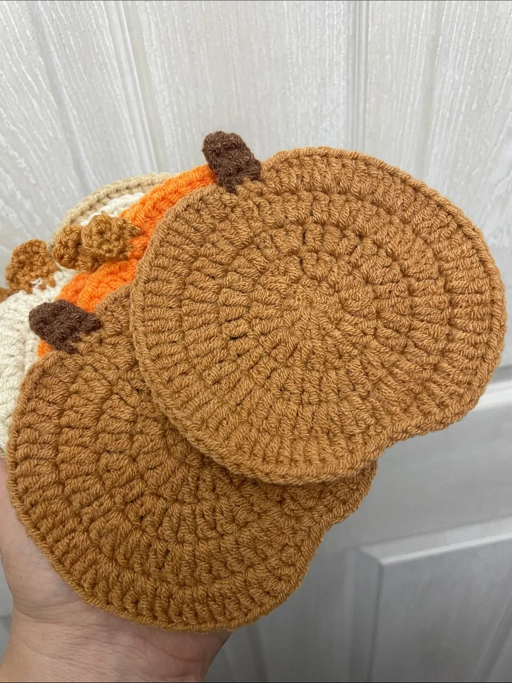 Handmade Crocheted Pumpkin Coasters - Neutral & Orange Set